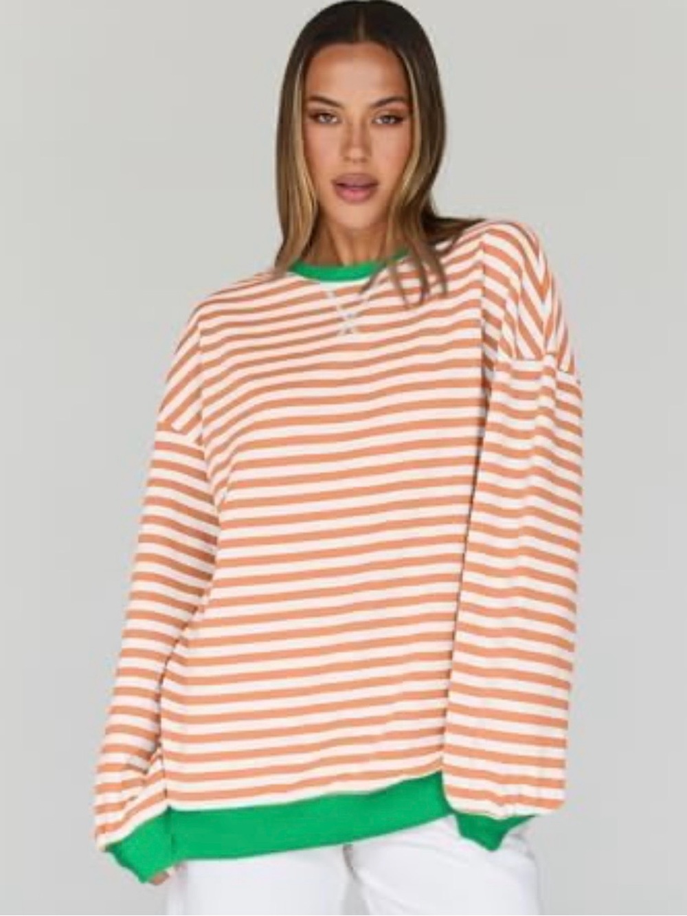 Striped Peach & White Long Sleeve Oversized Pullover with Green Trim Sz L